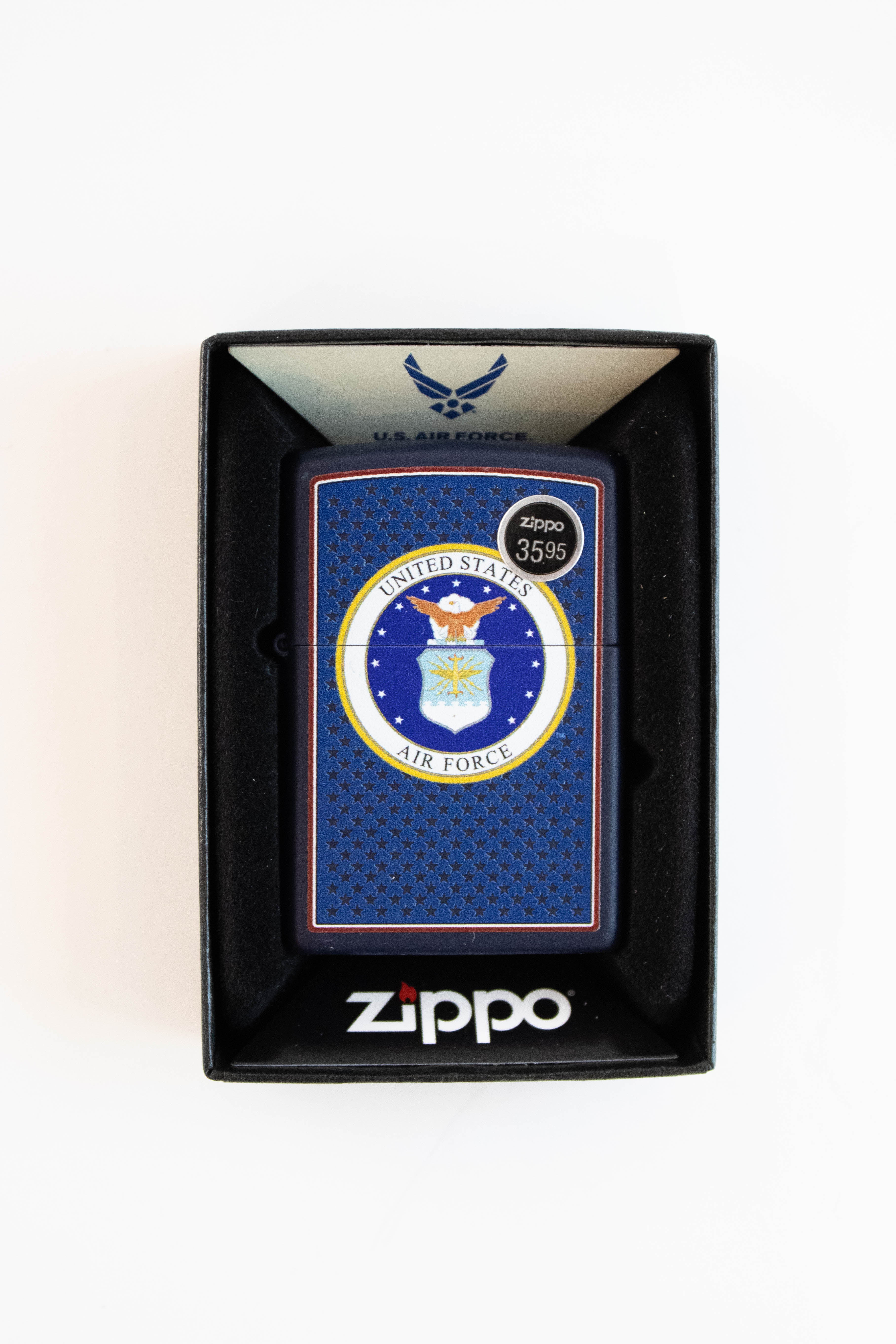 Zippo lighter featuring USAF Air Force crest in navy matte finish
