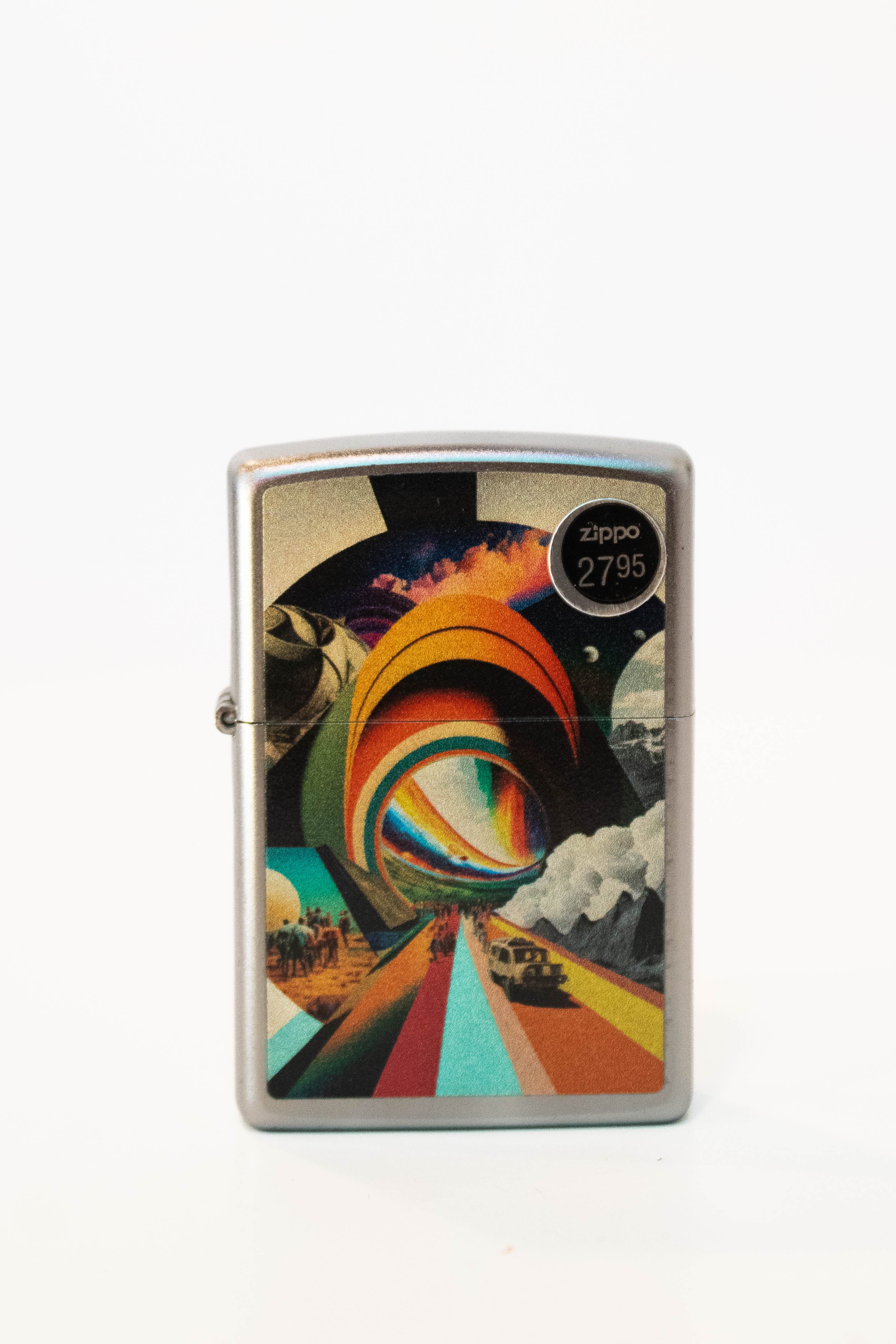 Zippo lighter featuring trippy travel themed artwork on satin chrome