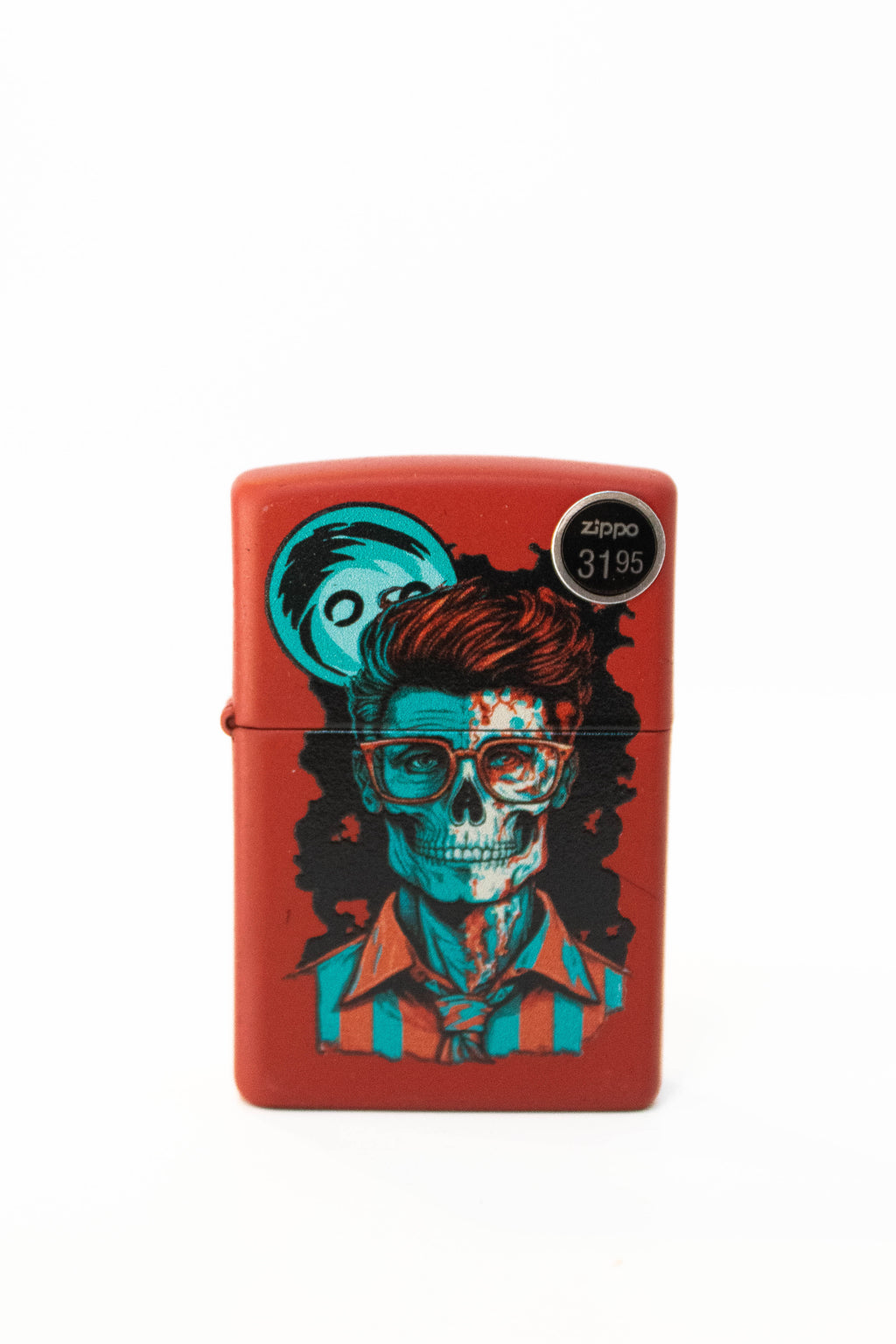 Zippo lighter featuring dapper skeleton artwork on colored background