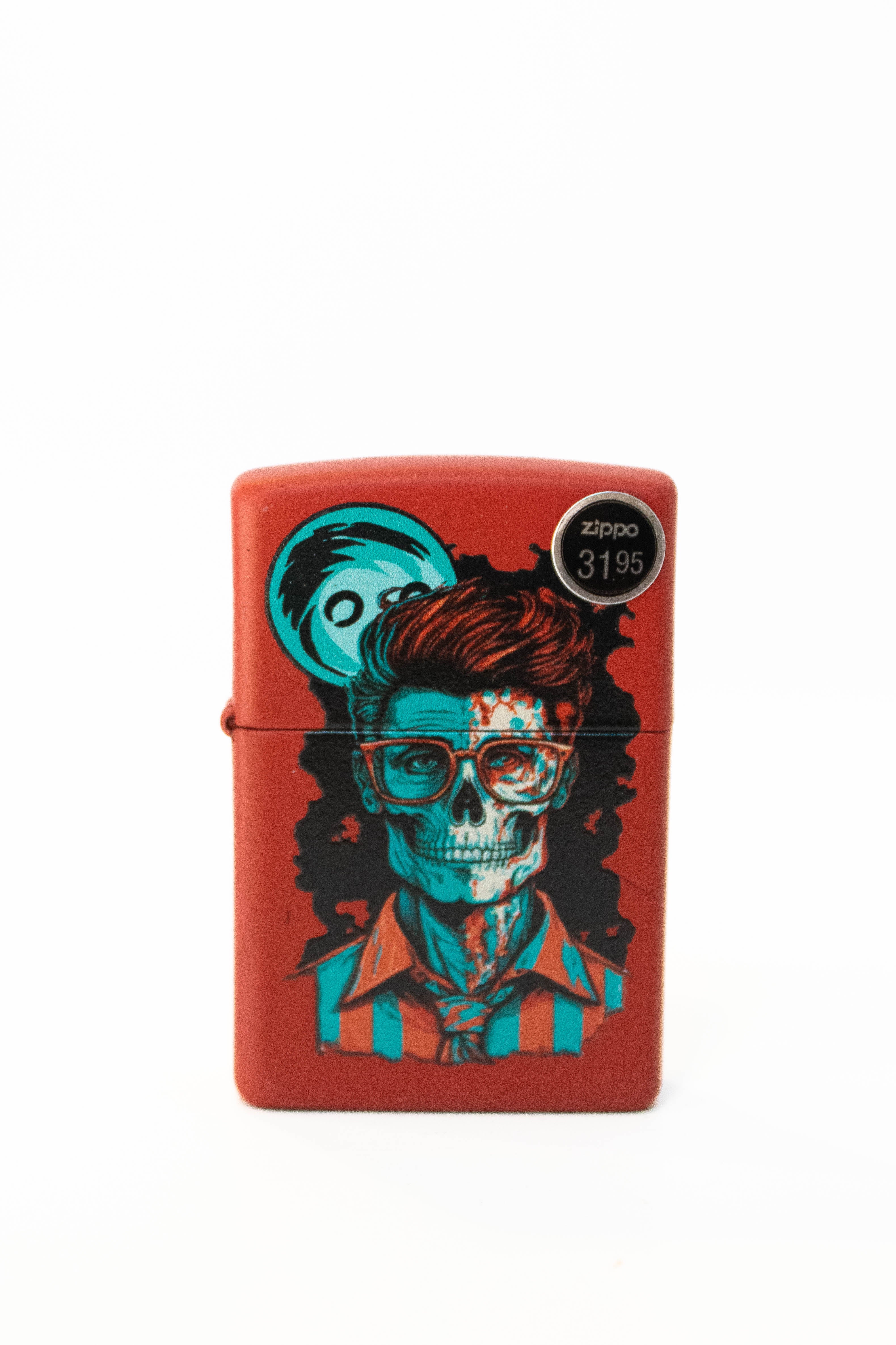 Zippo lighter featuring dapper skeleton artwork on colored background