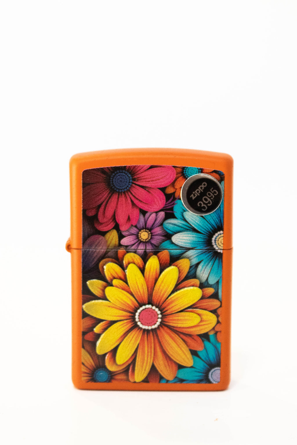 Zippo lighter featuring floral artwork with textured print effect