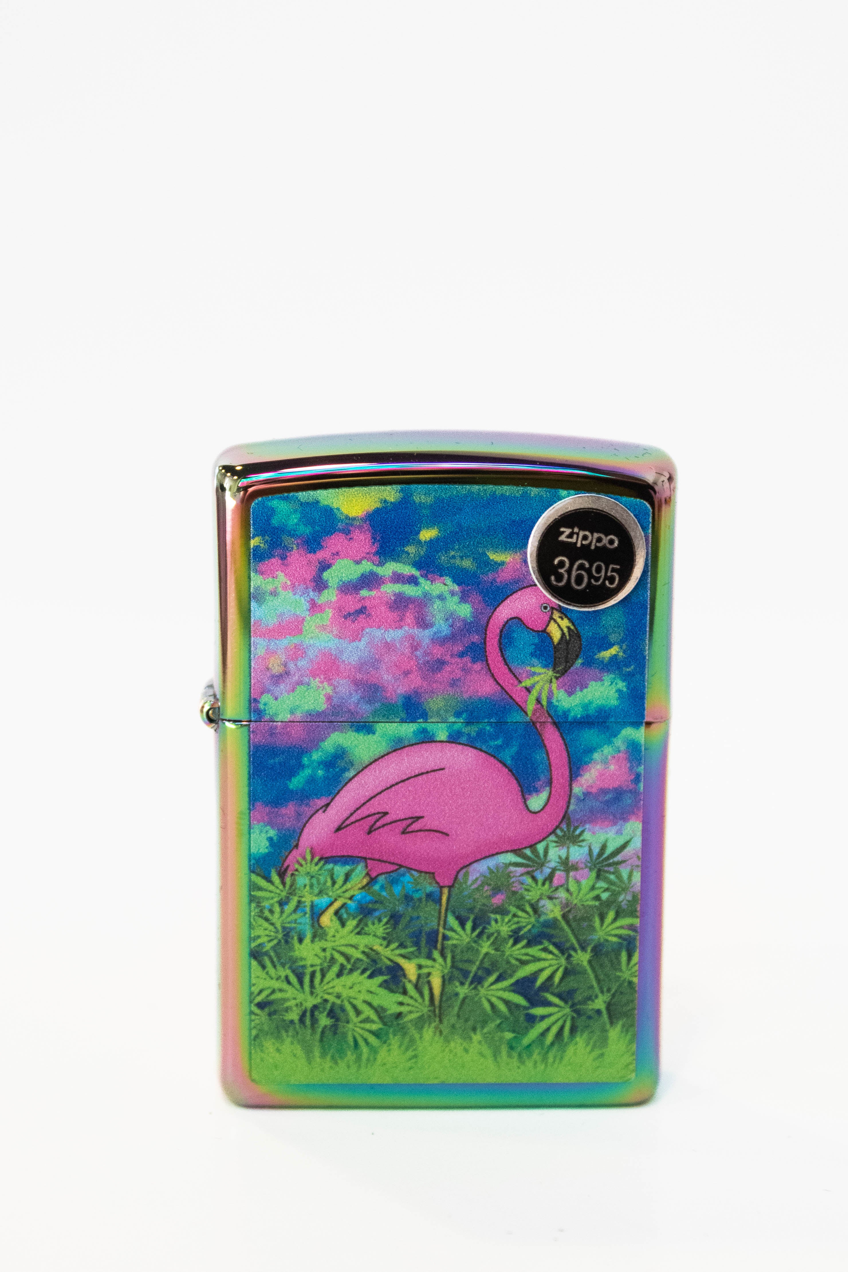 Zippo lighter featuring Flamingo Fields multi color artwork