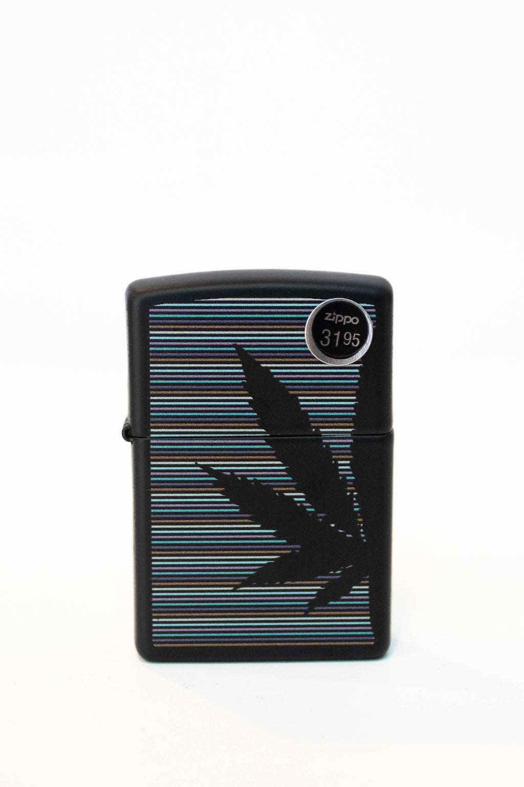 Zippo lighter with line art cannabis leaf illustration