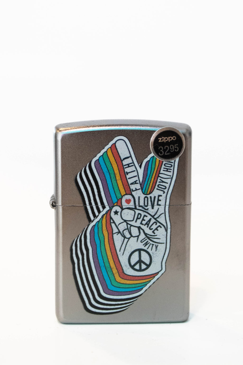 Zippo lighter featuring a peace sign graphic design