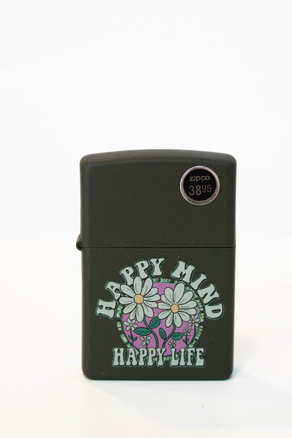 Zippo lighter with Happy Mind Happy Life artwork on metal case