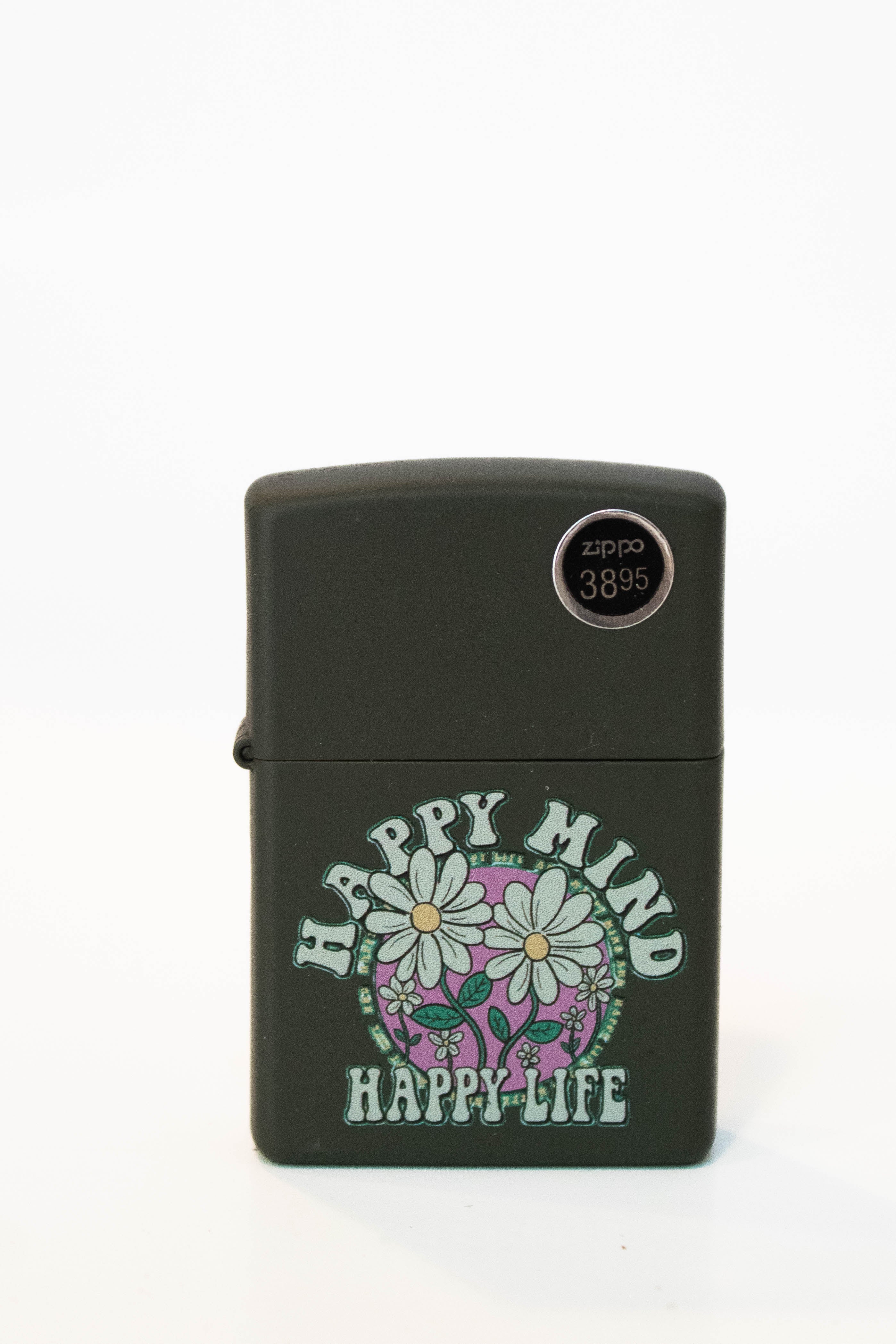 Zippo lighter with Happy Mind Happy Life artwork on metal case